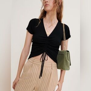 Maje Black Ruched V-Neck Crop Top